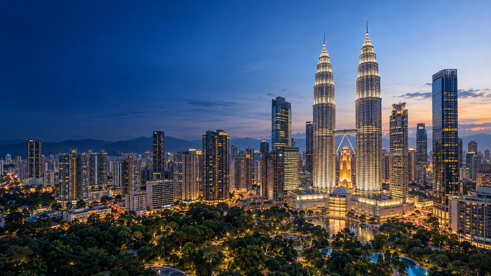 Artistic visualization of the Petronas Twin Towers and Kuala Lumpur City Centre at blue hour